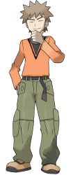 Rule 34 | 1boy, absurdres, artist request, belt, belt buckle, blouse, brock (pokemon), brown hair, buckle, closed eyes, closed mouth, creatures (company), full body, game freak, green pants, hand on own chin, hand up, highres, long sleeves, loose pants, male focus, nintendo, official art, orange footwear, orange shirt, pants, pokemon, pokemon hgss, shirt, shoes, short hair, smile, solo, spiked hair, standing, stroking own chin, transparent background
