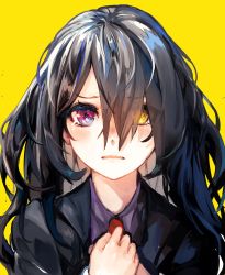 Rule 34 | 1girl, black hair, blush, hair between eyes, hair over one eye, heterochromia, highres, jacket, long hair, maido mido, necktie, original, own hands clasped, own hands together, red eyes, solo, suit jacket, tearing up, wavy mouth, yellow background, yellow eyes