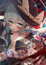 Rule 34 | 1girl, absurdres, black hat, blood on clothes, dfra, green eyes, green hair, hat, highres, knife, komeiji koishi, looking at viewer, open mouth, short hair, solo, tongue, touhou