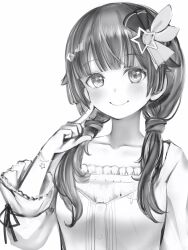Rule 34 | 1girl, absurdres, blunt ends, bracelet, collarbone, greyscale, hair ornament, hair over shoulder, hairclip, highres, hololive, jewelry, light blush, long sleeves, looking at viewer, low twintails, monochrome, nanashi (nlo), pointing, pointing at self, simple background, smile, solo, star (symbol), star hair ornament, tokino sora, tokino sora (casual), twintails, upper body, virtual youtuber