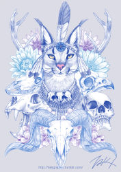 Rule 34 | antlers, bird skull, caracal, flower, forget-me-not (flower), headdress, horns, jewelry, looking at viewer, necklace, no humans, original, ram skull, signature, skull, skull necklace, takigraphic, watermark, web address, yellow eyes