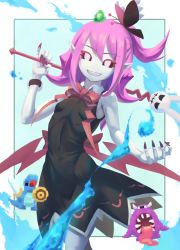 Rule 34 | 1girl, bare shoulders, black dress, black sclera, bow, breasts, butterfly hair ornament, colored sclera, colored skin, covered navel, demon girl, dress, fangs, grin, hair ornament, hands up, highres, holding, holding staff, looking at viewer, musume (yuunama), nail polish, navel, nzz, open mouth, pixelated, pointy ears, print dress, purple hair, purple skin, red bow, ribbon, side ponytail, sleeveless, sleeveless dress, small breasts, smile, solo, staff, teeth, v yuusha no kuse ni namaiki da r, yuusha no kuse ni namaiki da