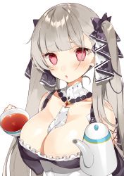 Rule 34 | 1girl, :o, azur lane, bad id, bad pixiv id, bare shoulders, between breasts, bow, breasts, cleavage, collarbone, cup, detached collar, dress, formidable (azur lane), frilled dress, frills, grey hair, hair bow, hasegawa (rarairairai), highres, holding, holding cup, large breasts, long hair, looking at viewer, maid, parted lips, red eyes, simple background, solo, tea, teacup, teapot, twintails, upper body, white background