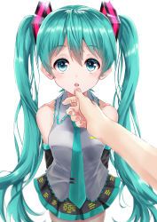 Rule 34 | 1girl, :o, absurdres, aqua eyes, aqua hair, aqua necktie, arms behind back, bad id, bad pixiv id, bare shoulders, black skirt, black sleeves, collarbone, commentary, cowboy shot, detached sleeves, grabbing another&#039;s chin, grey shirt, hair ornament, hand on another&#039;s chin, hatsune miku, highres, itogari, lips, long hair, looking at viewer, miniskirt, necktie, open mouth, pleated skirt, pov, pov hands, shirt, skirt, sleeveless, sleeveless shirt, standing, thighhighs, twintails, very long hair, vocaloid, white background, zettai ryouiki