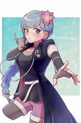 Rule 34 | 1girl, bare shoulders, black skirt, black sleeves, blue eyes, blue hair, braid, braided ponytail, brown gloves, choker, clenched hand, closed mouth, collarbone, detached sleeves, ear piercing, earrings, english text, fingerless gloves, flower, frown, fubuki clockford, gloves, green hair, hair flower, hair ornament, hand up, highres, hood, hooded coat, jewelry, kirin (suzoke 1), long hair, long sleeves, master detective archives: rain code, miniskirt, necklace, pantyhose, piercing, pink flower, pink shorts, shorts, single braid, skirt