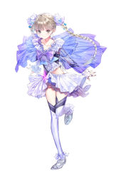Rule 34 | 1girl, absurdres, blue reflection (series), blue reflection maboroshi ni mau shoujo no ken, braid, brown eyes, brown hair, capelet, collarbone, dress, elbow gloves, frills, full body, gloves, hair ornament, highres, jewelry, kishida mel, leg up, long hair, looking at viewer, magical girl, official art, ribbon, ring, scan, see-through, shijou yuzuki, short dress, simple background, smile, solo, thighhighs, twin braids, twintails, white background