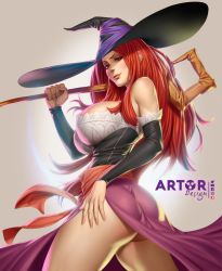 Rule 34 | 1girl, artor, ass, bare shoulders, breasts, brown eyes, dragon&#039;s crown, hat, highres, huge breasts, large breasts, long hair, red eyes, red hair, sleeveless, solo, sorceress (dragon&#039;s crown), standing, tagme, witch hat