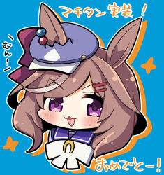 Rule 34 | 1girl, :3, :d, animal ears, blue background, blue hat, blush, bow, brown hair, cabbie hat, commentary request, cropped torso, drop shadow, ears through headwear, hair ornament, hairclip, hat, highres, horse ears, long hair, looking at viewer, matikane tannhauser (umamusume), multicolored hair, open mouth, plover, purple eyes, purple shirt, school uniform, shirt, smile, solo, streaked hair, tracen school uniform, translation request, umamusume, upper body, v-shaped eyebrows, white bow, white hair