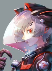 Rule 34 | 1girl, claws, formal, grey background, helmet, ken-fukuda, looking at viewer, mechanical parts, open mouth, original, red eyes, reflection, science fiction, short hair, solo, space helmet, spacesuit, suit, teeth, upper teeth only, white hair