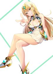 Rule 34 | 1girl, bare legs, bare shoulders, blonde hair, breasts, chest jewel, cleavage cutout, clothing cutout, daive, dress, earrings, elbow gloves, gloves, highres, jewelry, large breasts, long hair, mythra (xenoblade), short dress, swept bangs, thigh strap, tiara, very long hair, white dress, white footwear, white gloves, xenoblade chronicles (series), xenoblade chronicles 2, yellow eyes