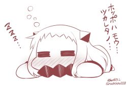 Rule 34 | 10s, 1girl, = =, abyssal ship, ahoge, blush, comic, commentary request, covered mouth, dress, closed eyes, horns, kantai collection, long hair, looking at viewer, lying, mittens, monochrome, northern ocean princess, on stomach, sleeping, solo, translation request, yamato nadeshiko, zzz
