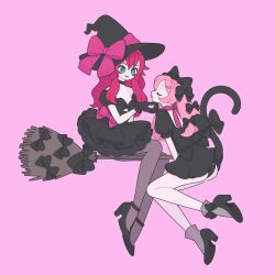Rule 34 | 2girls, animal ears, ayase naru, black bow, black dress, black footwear, black gloves, black headwear, black panties, black pantyhose, bow, breasts, broom, broom riding, cat ears, cat tail, cleavage, dress, full body, gloves, green eyes, hair bow, halloween, hand on another&#039;s chin, hat, high heels, highres, long hair, looking at another, multiple girls, nyaasechan, open mouth, panties, pantyhose, pink background, pink hair, pink ribbon, pretty rhythm, pretty rhythm rainbow live, pretty series, renjouji beru, ribbon, short dress, simple background, sitting, small breasts, smile, tail, underwear, witch hat
