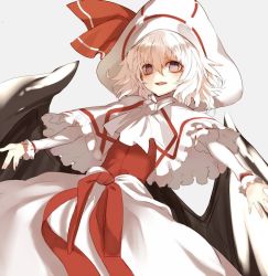 Rule 34 | 1girl, ascot, bad id, bad twitter id, bat wings, capelet, curiosities of lotus asia, fang, frills, hat, hat ribbon, mob cap, open mouth, red eyes, remilia scarlet, ribbon, shiromiso, short hair, silver hair, solo, touhou, wings