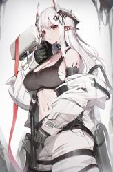 Rule 34 | 1girl, absurdres, arknights, bandages, bare shoulders, black choker, black gloves, breasts, choker, chyan, cleavage, commentary request, cowboy shot, crop top, gloves, hammer, highres, horns, infection monitor (arknights), large breasts, long hair, looking at viewer, material growth, midriff, mudrock (arknights), mudrock (elite ii) (arknights), navel, off shoulder, oripathy lesion (arknights), pointy ears, red eyes, sarashi, silver hair, solo, sports bra, standing, stomach, weapon