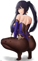 Rule 34 | 1girl, ass, back, black hair, breasts, earrings, genshin impact, green eyes, highres, huge ass, jewelry, leotard, long hair, looking at viewer, looking back, mona (genshin impact), pantyhose, smile, source request, squatting, tagme, thighs, twintails, white background, zaphn