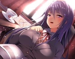 Rule 34 | 1girl, ayagi daifuku, blazer, blush, book, breasts, brown sweater, buttons, collared shirt, cup, curtains, day, doki doki literature club, dress shirt, dutch angle, grey jacket, hair between eyes, hair ornament, hairclip, half-closed eyes, hand on own chest, hand up, head tilt, impossible clothes, impossible jacket, indoors, jacket, large breasts, light particles, long hair, long sleeves, looking at viewer, neck ribbon, open book, open mouth, purple hair, red ribbon, ribbon, saucer, school uniform, shirt, sidelocks, sitting, solo, sunlight, sweatdrop, sweater, table, teacup, upper body, window, wing collar, wooden table, yuri (doki doki literature club)