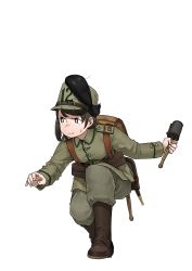 Rule 34 | 1girl, absurdres, anyan (jooho), backpack, bag, belt pouch, black hair, boots, brown eyes, buttons, closed mouth, explosive, frown, full body, grenade, grey footwear, grey hat, grey jacket, grey pants, hat, highres, jacket, long sleeves, military, military uniform, original, pants, pouch, sheath, short hair, simple background, solo, squatting, sweat, uniform, white background, world war i