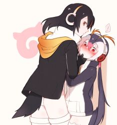 Rule 34 | !, 10s, 2girls, black hair, blonde hair, blush, commentary request, emperor penguin (kemono friends), hand on another&#039;s face, headphones, height difference, hood, hoodie, japari symbol, kemono friends, leotard, long hair, long sleeves, multicolored hair, multiple girls, nose blush, penguin tail, pink hair, royal penguin (kemono friends), seto (harunadragon), tail, thighhighs, twintails, yuri