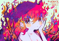 Rule 34 | 1girl, branch, closed mouth, commentary request, dated, fiery hair, hair between eyes, hand on own cheek, hand on own face, hand up, highres, kiato, long hair, looking at viewer, original, red eyes, red hair, signature, solo, sparkle, upper body
