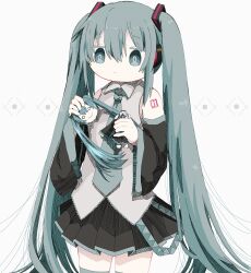 Rule 34 | 1girl, aqua eyes, aqua hair, aqua necktie, ashi izumo, bare shoulders, black skirt, black sleeves, bright pupils, closed mouth, collared shirt, commentary request, cowboy shot, detached sleeves, double-parted bangs, figure, grey background, hair between eyes, hair ornament, hatsune miku, headphones, highres, holding, jitome, long hair, long sleeves, miniskirt, necktie, number tattoo, partial commentary, pleated skirt, shirt, shoulder tattoo, sidelocks, simple background, skirt, sleeveless, sleeveless shirt, solo, standing, tattoo, twintails, very long hair, vocaloid, white pupils, wide sleeves