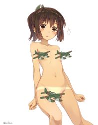Rule 34 | 10s, 1girl, amagai tarou, bad id, bikini tan, breasts, brown eyes, brown hair, censored, censored nipples, collarbone, convenient censoring, i-401 (kancolle), kantai collection, long hair, navel, novelty censor, nude, ponytail, shorts tan, simple background, small breasts, solo, tan, tanline, twitter username