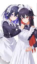 Rule 34 | 2girls, absurdres, ahoge, alternate costume, apron, artist name, black dress, black hair, collared dress, colored inner hair, commentary request, dated, dress, fled, grin, hand on another&#039;s shoulder, highres, honkai (series), honkai impact 3rd, long hair, long sleeves, looking at viewer, maid, maid headdress, multicolored hair, multiple girls, purple eyes, purple hair, red eyes, red hair, seele (alter ego), seele vollerei, seele vollerei (starchasm nyx), simple background, smile, two-tone hair, white apron, white background