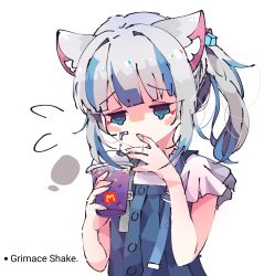 Rule 34 | 1girl, animal ears, blue eyes, blue hair, blunt bangs, cat ears, commentary, cube hair ornament, cup, disposable cup, drinking straw, empty eyes, english commentary, english text, flying sweatdrops, frilled sleeves, frills, gawr gura, gawr gura (casual), grey hair, grimace shake (meme), hair ornament, hands up, highres, holding, holding cup, hololive, hololive english, kemonomimi mode, koyoinacho, medium hair, meme, milkshake, multicolored hair, official alternate costume, purple liquid, ringed eyes, shaded face, shark girl, shirt, short sleeves, side ponytail, sidelocks, simple background, solo, streaked hair, suspenders, upper body, virtual youtuber, white background, white shirt