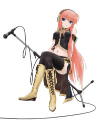 Rule 34 | 1girl, bad id, bad pixiv id, blue eyes, boots, cross-laced footwear, crossed legs, full body, headphones, knee boots, lace-up boots, long hair, megurine luka, microphone, microphone stand, midriff, navel, open mouth, pink hair, simple background, sitting, thighhighs, vocaloid, white background, yukikaze (pg6sa az1)