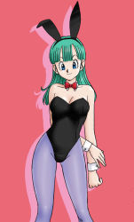 Rule 34 | 1girl, animal ears, aqua hair, arm at side, arm behind back, bare shoulders, black leotard, blue eyes, bow, bowtie, breasts, cleavage, closed mouth, detached collar, dragon ball, dragon ball (classic), fake animal ears, female focus, green hair, leotard, long hair, looking at viewer, medium breasts, neck, pantyhose, playboy bunny, purple pantyhose, rabbit ears, red background, red bow, red bowtie, simple background, smile, solo, standing, straight hair, strapless, strapless leotard, uraharukon, wide hips, wrist cuffs