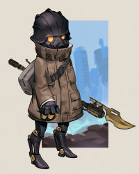 Rule 34 | 1other, bag, brown coat, building, coat, gas mask, grey bag, helmet, highres, holding, holding polearm, holding spear, holding weapon, jiro (ninetysix), mask, original, polearm, robot, scratches, silhouette, sketch, sleeves past wrists, spear, standing, weapon