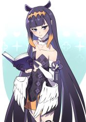 Rule 34 | 1girl, bare shoulders, black gloves, blue eyes, blunt bangs, blush, book, collarbone, detached sleeves, dress, female focus, flat chest, fur choker, gloves, hair behind ear, highres, holding, holding book, hololive, hololive english, long hair, longlong (drasdr7513), low wings, ninomae ina&#039;nis, ninomae ina&#039;nis (1st costume), pointy ears, single detached sleeve, single thighhigh, solo, standing, strapless, strapless dress, tentacle hair, thighhighs, tube dress, very long hair, virtual youtuber, white thighhighs, wings