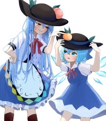 Rule 34 | 2girls, absurdres, black headwear, blue bow, blue dress, blue eyes, blue hair, blue skirt, bow, bowtie, cirno, collared shirt, commentary request, dress, feet out of frame, food, fruit, grin, hair bow, hands on headwear, highres, hinanawi tenshi, long hair, looking at another, mikan (manmarumikan), multiple girls, peach, pinafore dress, red bow, red bowtie, red eyes, shirt, short hair, short sleeves, simple background, skirt, sleeveless dress, smile, standing, touhou, white background, white shirt