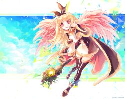 Rule 34 | 1girl, blonde hair, blush, brown cape, brown hairband, brown thighhighs, cape, commentary request, dress, feathered wings, full body, fur-trimmed cape, fur-trimmed dress, fur trim, garter straps, hairband, highres, holding, holding staff, kanucone, leaning forward, long hair, looking at viewer, official alternate costume, open mouth, pink wings, ragnarok online, red cape, red eyes, sandals, short dress, smile, solo, staff, thighhighs, two-sided cape, two-sided fabric, two-tone dress, warlock (ragnarok online), white dress, wings, yellow footwear