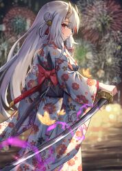Rule 34 | 1girl, absurdres, bell, blush, bug, butterfly, fireworks, floral print, flower, gradient hair, hair bell, hair bun, hair flower, hair ornament, highres, holding, holding sword, holding weapon, hololive, horns, insect, japanese clothes, jingle bell, kimono, long hair, long sleeves, looking at viewer, looking back, multicolored hair, nakiri ayame, obi, oni, outdoors, print kimono, red eyes, red hair, sash, solo, streaked hair, sword, una hirag, virtual youtuber, weapon, white hair, white kimono