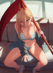 Rule 34 | 1girl, absurdres, bare shoulders, bra, breasts, chainsaw man, cleavage, couch, demon girl, demon horns, hair between eyes, hemokinesis, highres, holding, holding scythe, holding weapon, horns, jacket, jdw, long hair, long sleeves, looking at viewer, medium breasts, navel, off shoulder, on couch, open clothes, open jacket, orange eyes, orange hair, panties, power (chainsaw man), scythe, sharp teeth, shoes, sitting, smile, solo, striped bra, striped clothes, striped panties, teeth, underwear, weapon