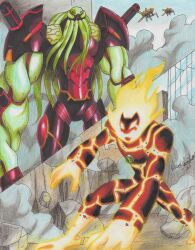 Rule 34 | 2023, 2boys, absurdres, alien, armor, arms at sides, ben 10, burning, colored skin, commentary, english commentary, fiery hair, fire, green skin, heatblast, highres, multiple boys, muscular, muscular male, omnitrix, outdoors, ravernclouk design, red eyes, rock, shoulder armor, signature, sky, smoke, standing, tall, tentacle hair, tentacles, vilgax