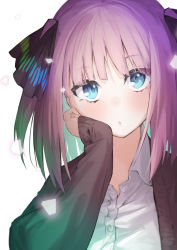 Rule 34 | 1girl, absurdres, black cardigan, black ribbon, blue eyes, blunt bangs, blush, butterfly hair ornament, cardigan, go-toubun no hanayome, hair ornament, hand on own cheek, hand on own face, highres, koki 1009, looking at viewer, nakano nino, open cardigan, open clothes, parted lips, partially unbuttoned, pink hair, ribbon, shirt, simple background, sleeves past wrists, twintails, white background, white shirt