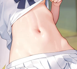 Rule 34 | 1girl, clothes lift, head out of frame, midriff, mignon, navel, original, pleated skirt, shiro-chan (mignon), shirt, shirt lift, skirt, solo, sweat, white shirt, white skirt