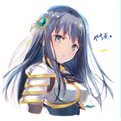 Rule 34 | 1girl, arm at side, armor, blue eyes, blue hair, blue neckwear, blue ribbon, blunt bangs, breasts, close-up, closed mouth, cropped torso, dot nose, expressionless, floating hair, hair ornament, head tilt, high collar, highres, hime cut, jitome, light blush, looking at viewer, magia record: mahou shoujo madoka magica gaiden, mahou shoujo madoka magica, medium breasts, nanami yachiyo, pauldrons, ribbon, sasagi koushi, shoulder armor, simple background, solo, soul gem, straight hair, tassel, upper body, white background