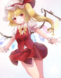 Rule 34 | 1girl, blonde hair, bow, bowtie, brooch, dutch angle, fingernails, flandre scarlet, flower, gradient background, hat, hat ribbon, highres, jewelry, looking at viewer, miniskirt, mob cap, nail polish, parted lips, pink flower, pink rose, puffy short sleeves, puffy sleeves, red eyes, ribbon, rose, shiromoru (srmrjs), shiromoru (yozakura rety), short hair, short sleeves, side ponytail, skirt, skirt set, solo, thighs, touhou, wings, wrist cuffs