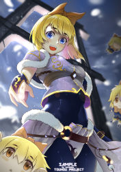 Rule 34 | 1girl, absurdres, alice margatroid, alternate costume, alternate eye color, alternate headwear, artist name, backlighting, bad anatomy, bad hands, blonde hair, blue eyes, blue shirt, blue skirt, blue sky, blurry, blush, bodysuit, bow, breasts, bridal gauntlets, capelet, copyright name, cowboy shot, crop top, depth of field, diamond (gemstone), artistic error, fourth wall, fur trim, hair bow, highres, hip focus, lens flare, looking at viewer, looking down, metal torii, mountain, navel, o-ring, o-ring bottom, o-ring skirt, open mouth, orange eyes, perspective, poorly drawn, sample watermark, shanghai doll, shiny clothes, shirt, skirt, sky, smile, snow, snowing, solo, sunlight, sunshine (1638509769), teeth, tongue, touhou, watermark, wind