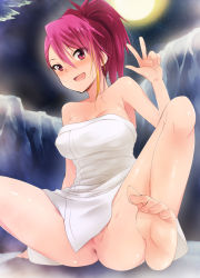 Rule 34 | 10s, 1girl, anus, barefoot, blonde hair, blush, censored, collarbone, commentary request, feet, highres, idolmaster, idolmaster million live!, kaiga, long hair, looking at viewer, maihama ayumu, multicolored hair, naked towel, nude, onsen, open mouth, pink eyes, pink hair, ponytail, pussy, pussy peek, sitting, smile, soles, solo, spread legs, toes, towel, v, wet, white towel
