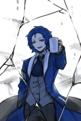 Rule 34 | 1boy, ascot, black pants, blue ascot, blue coat, blue hair, chesed (project moon), coat, collared shirt, crack, grey vest, lobotomy corporation, long sleeves, looking at viewer, male focus, medium hair, nishikujic, pants, parted lips, project moon, shirt, simple background, smile, solo, vest, white background, white shirt, yellow eyes
