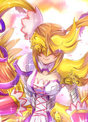 Rule 34 | amor, angel, covered eyes, digimon, digimon (creature), gradient background, heart, highres, long hair, lovelyangemon, mask, smile, solo, twintails, very long hair