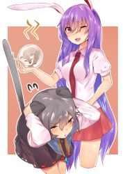 Rule 34 | 2girls, animal ears, asuzemu, between breasts, blush, breasts, cat, collared shirt, dress, flying sweatdrops, grey dress, grey hair, hair between eyes, long hair, looking at viewer, medium breasts, miniskirt, mouse ears, mouse tail, multiple girls, nazrin (touhou), necktie, necktie between breasts, one eye closed, outside border, puffy short sleeves, puffy sleeves, purple hair, rabbit ears, red eyes, red neckwear, reisen udongein inaba, scared, shirt, short hair, short sleeves, skirt, smile, tail, touhou, very long hair, wing collar
