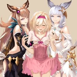 Rule 34 | 3girls, :d, animal ears, asymmetrical gloves, black dress, black thighhighs, blonde hair, breasts, brown background, brown hair, cleavage, closed eyes, clothes lift, djeeta (granblue fantasy), dress, facing viewer, fingerless gloves, frilled thighhighs, frills, gloves, grabbing, grabbing another&#039;s breast, granblue fantasy, grey eyes, grin, hairband, high-waist skirt, korwa, lifting another&#039;s clothes, long hair, medium breasts, metera (granblue fantasy), miniskirt, multiple girls, open mouth, pink eyes, pink skirt, red hairband, see-through, see-through dress, shirt, short sleeves, skirt, skirt lift, sleeveless, sleeveless dress, smile, soruna (nell), standing, thigh gap, thighhighs, very long hair, white dress, white gloves, white hair, white shirt, yuri