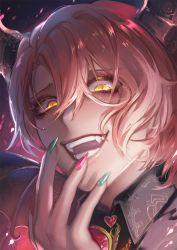 Rule 34 | 1boy, asmodeus (shall we date?: obey me!), eyelashes, fang, fangs, fingernails, horns, nail polish, open mouth, origarnic, pink hair, shall we date?: obey me!, sharp nails, sharp teeth, short hair, smile, solo, teeth, wings, yellow eyes