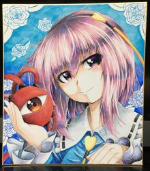 Rule 34 | 1girl, 283win, acrylic paint (medium), black hairband, blue background, closed mouth, colored pencil (medium), commentary request, hairband, heart, highres, komeiji satori, long sleeves, looking at viewer, painting (medium), photo (medium), pink eyes, pink hair, shikishi, smile, solo, touhou, traditional media, upper body