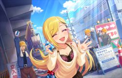 Rule 34 | 10s, 1girl, 3boys, artist request, bare shoulders, blonde hair, blue sky, blush, breasts, cleavage, cloud, collarbone, construction site, construction worker, day, earrings, closed eyes, faceless, faceless male, fingernails, fujimoto rina, gyaru, idolmaster, idolmaster cinderella girls, idolmaster cinderella girls starlight stage, jewelry, long fingernails, long hair, looking at viewer, makeup, medium breasts, multiple boys, nail polish, necklace, official art, open mouth, pink nails, skirt, sky, smile