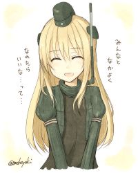 Rule 34 | 10s, 1girl, :d, blonde hair, garrison cap, hair between eyes, hat, kantai collection, long hair, long sleeves, lowres, mashayuki, open mouth, simple background, smile, solo, translation request, twitter username, u-511 (kancolle), white background